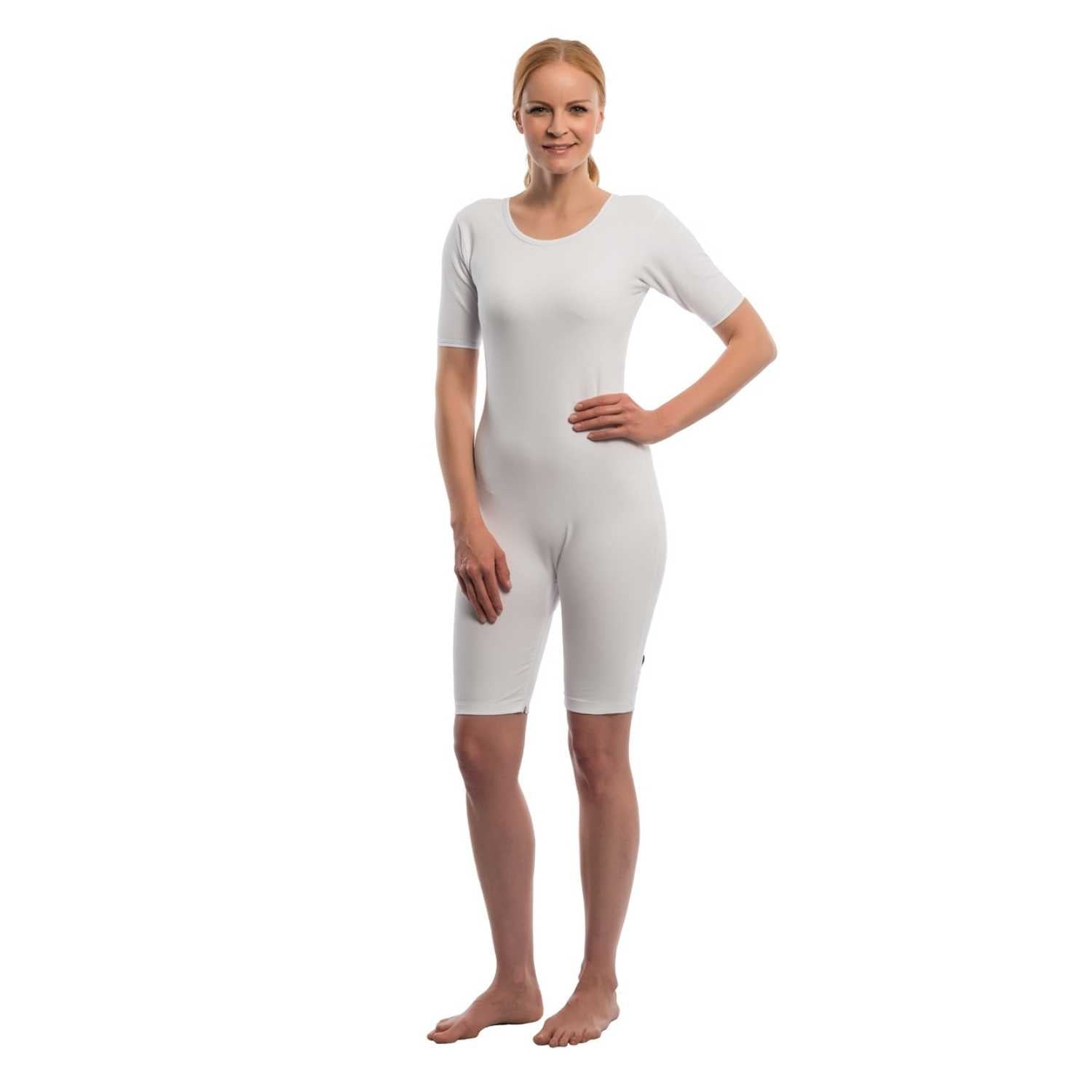 Suprima 4697, Pflegebody BW/Lycra Kurzarm, kurzem Bein, Bein-RV, unisex - weiß & grau, Gr. S-XXL